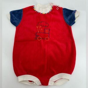 Vintage Doe Spun Red Baby Romper with Train Embroidery